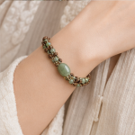 Braided Brown Cord Bracelet with Oval Green Jade Cabochon - Image 2