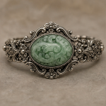 Carved Green Jade Medallion Bracelet in Antiqued Silver