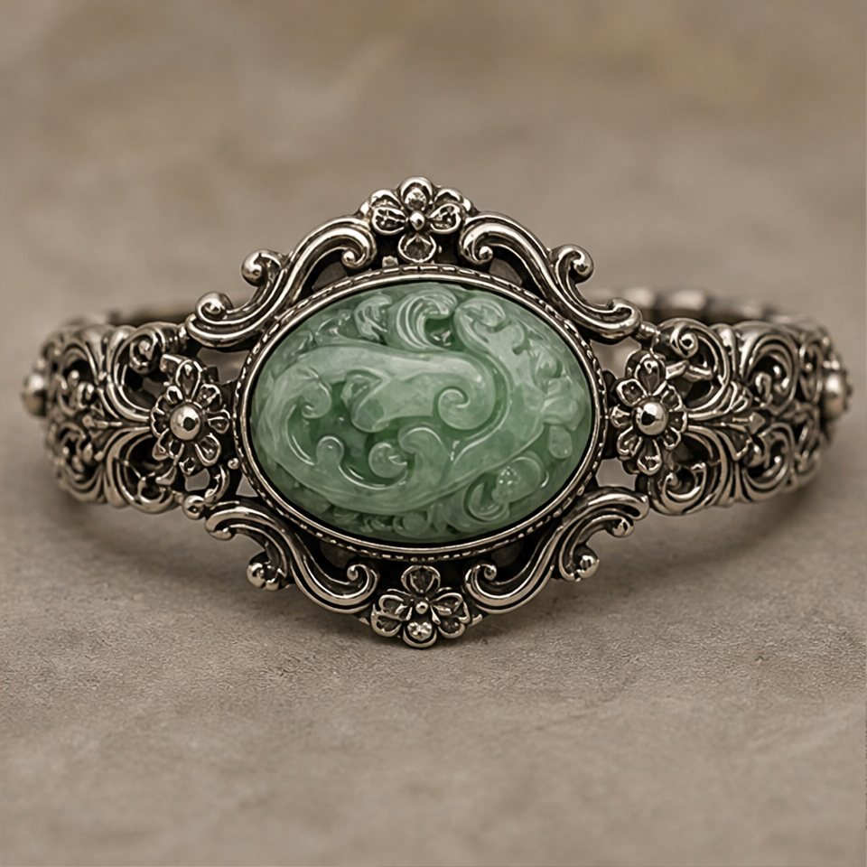 1786599602_840d4fef-2 Carved Green Jade Medallion Bracelet in Antiqued Silver - 图片 1