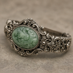 Carved Green Jade Medallion Bracelet in Antiqued Silver - 图片 3