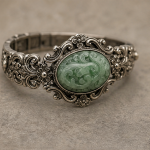 Carved Green Jade Medallion Bracelet in Antiqued Silver - 图片 4