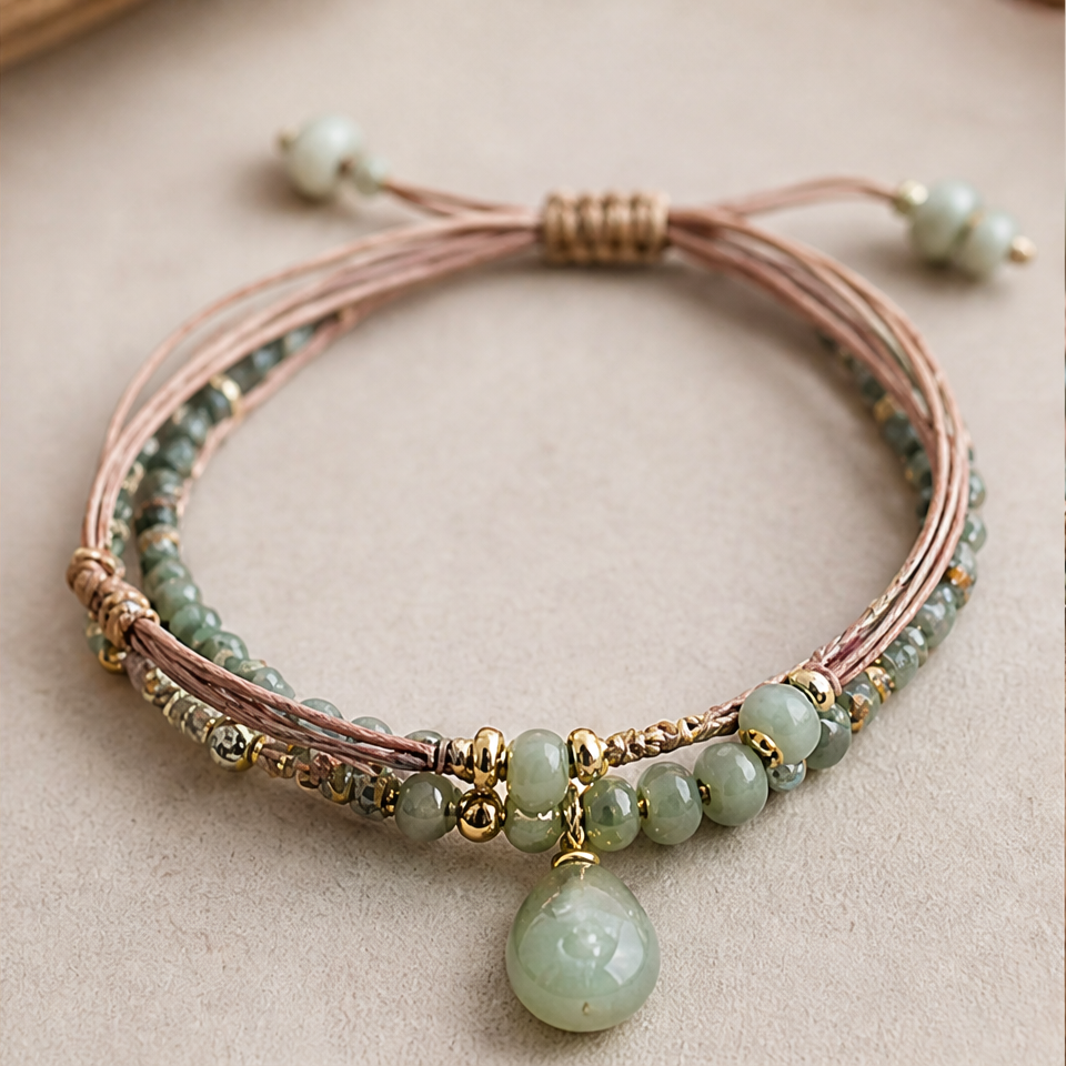 1786599721_4dd22c5a-2 Blush Cord Bracelet with Green Jade Teardrop Pendant - 图片 1