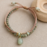 Blush Cord Bracelet with Green Jade Teardrop Pendant - 图片 3