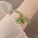Jade Bead Stretch Bracelet with Carved Flower and Leaf - 图片 2