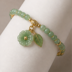 Jade Bead Stretch Bracelet with Carved Flower and Leaf