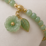 Jade Bead Stretch Bracelet with Carved Flower and Leaf - 图片 4