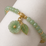 Jade Bead Stretch Bracelet with Carved Flower and Leaf - 图片 6