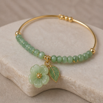 Jade Bead Bangle with Carved Flower and Leaf Charm