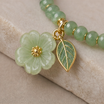 Jade Bead Bangle with Carved Flower and Leaf Charm - 图片 3