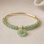 Two-Row Jade Bead Bangle with Flower Charm