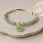 Two-Row Jade Bead Bangle with Flower Charm - 图片 2