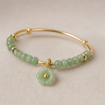 Two-Row Jade Bead Bangle with Flower Charm - 图片 3