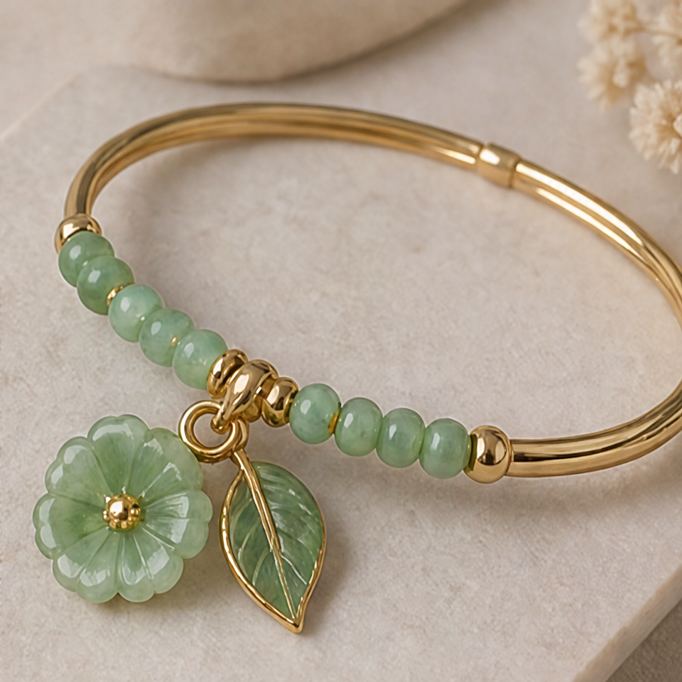1786599945_2bccae0b-1 Jade Bead Bangle with Carved Blossom and Leaf Drop - 图片 1
