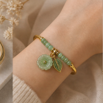 Jade Bead Bangle with Carved Blossom and Leaf Drop - 图片 4