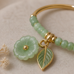 Jade Bead Bangle with Carved Blossom and Leaf Drop - 图片 3