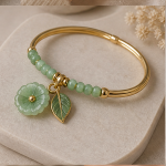 Jade Bead Bangle with Carved Blossom and Leaf Drop - 图片 5