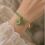 Jade Bead Bangle with Carved Blossom and Leaf Drop - 图片 2