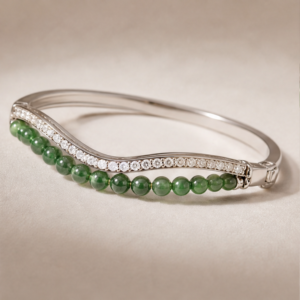 1786600626_be52256f-2 Wave-Form Jade and Pave Hinged Bangle - 图片 1