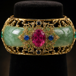 Wide Jade Cuff with Gem-Set Antique Gold Filigree