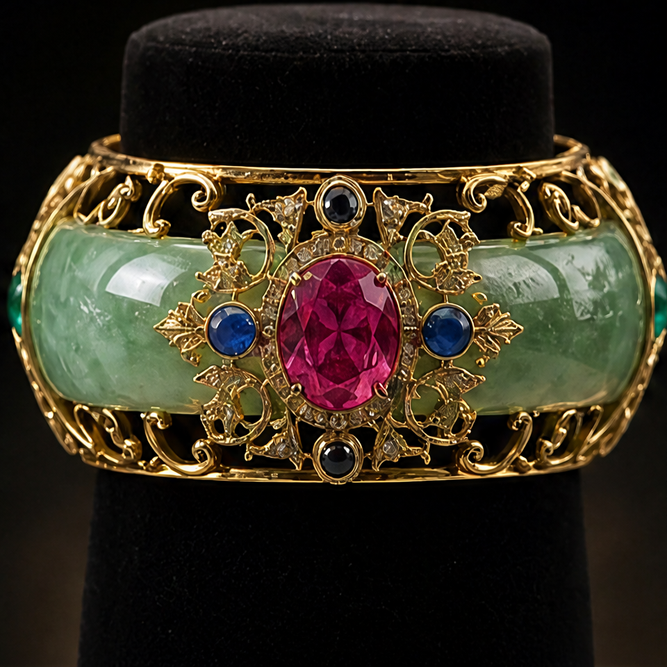 1786600753_4927ada0-1 Wide Jade Cuff with Gem-Set Antique Gold Filigree - 图片 1