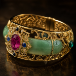 Wide Jade Cuff with Gem-Set Antique Gold Filigree - 图片 8