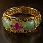 Wide Jade Cuff with Gem-Set Antique Gold Filigree - 图片 7