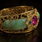 Wide Jade Cuff with Gem-Set Antique Gold Filigree - 图片 5