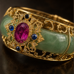 Wide Jade Cuff with Gem-Set Antique Gold Filigree - 图片 4