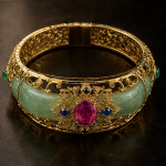 Wide Jade Cuff with Gem-Set Antique Gold Filigree - 图片 3