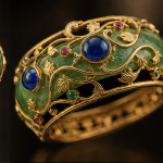 Jade Cuff with Blue Cabochons and Gold Vine Overlay - 图片 7