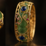 Jade Cuff with Blue Cabochons and Gold Vine Overlay - 图片 6