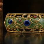 Jade Cuff with Blue Cabochons and Gold Vine Overlay - 图片 5
