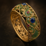 Jade Cuff with Blue Cabochons and Gold Vine Overlay - 图片 3