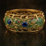 Jade Cuff with Blue Cabochons and Gold Vine Overlay