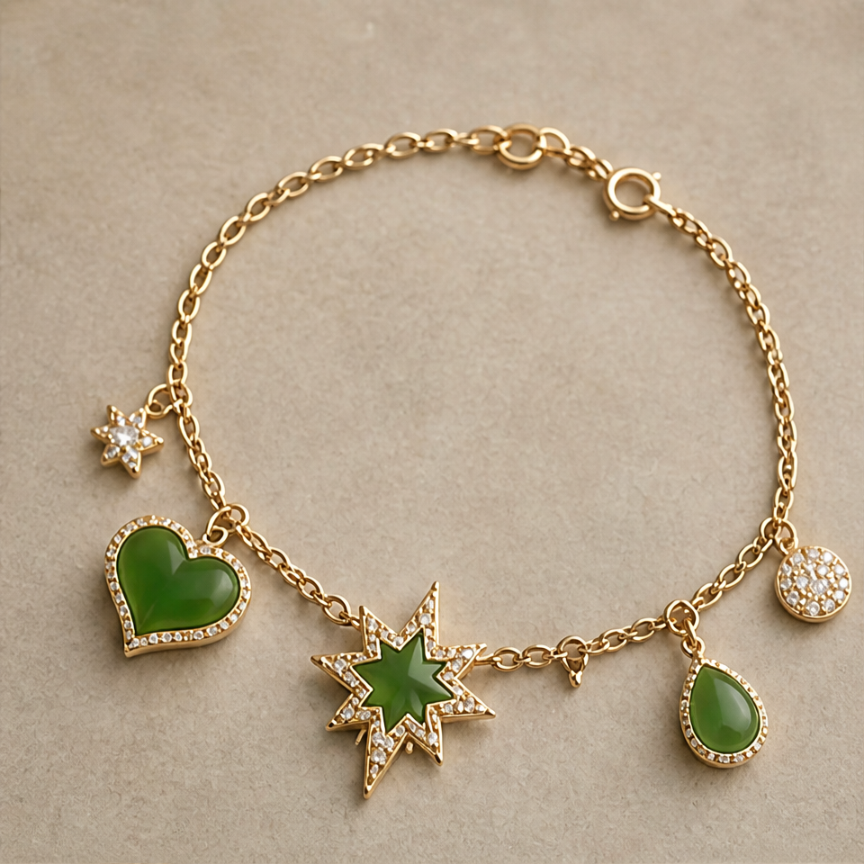 1786600948_7623a043-1 Jade Heart and Starburst Charm Bracelet - 图片 1
