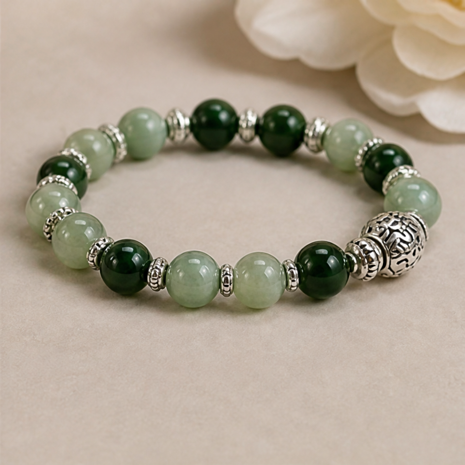 1786601133_8a751e51-3 Two-Tone Jade Bead Stretch Bracelet with Carved Silver Bead - 图片 1