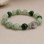 Two-Tone Jade Bead Stretch Bracelet with Carved Silver Bead - 图片 5