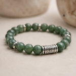 Deep Green Jade Bead Bracelet with Carved Silver Barrel