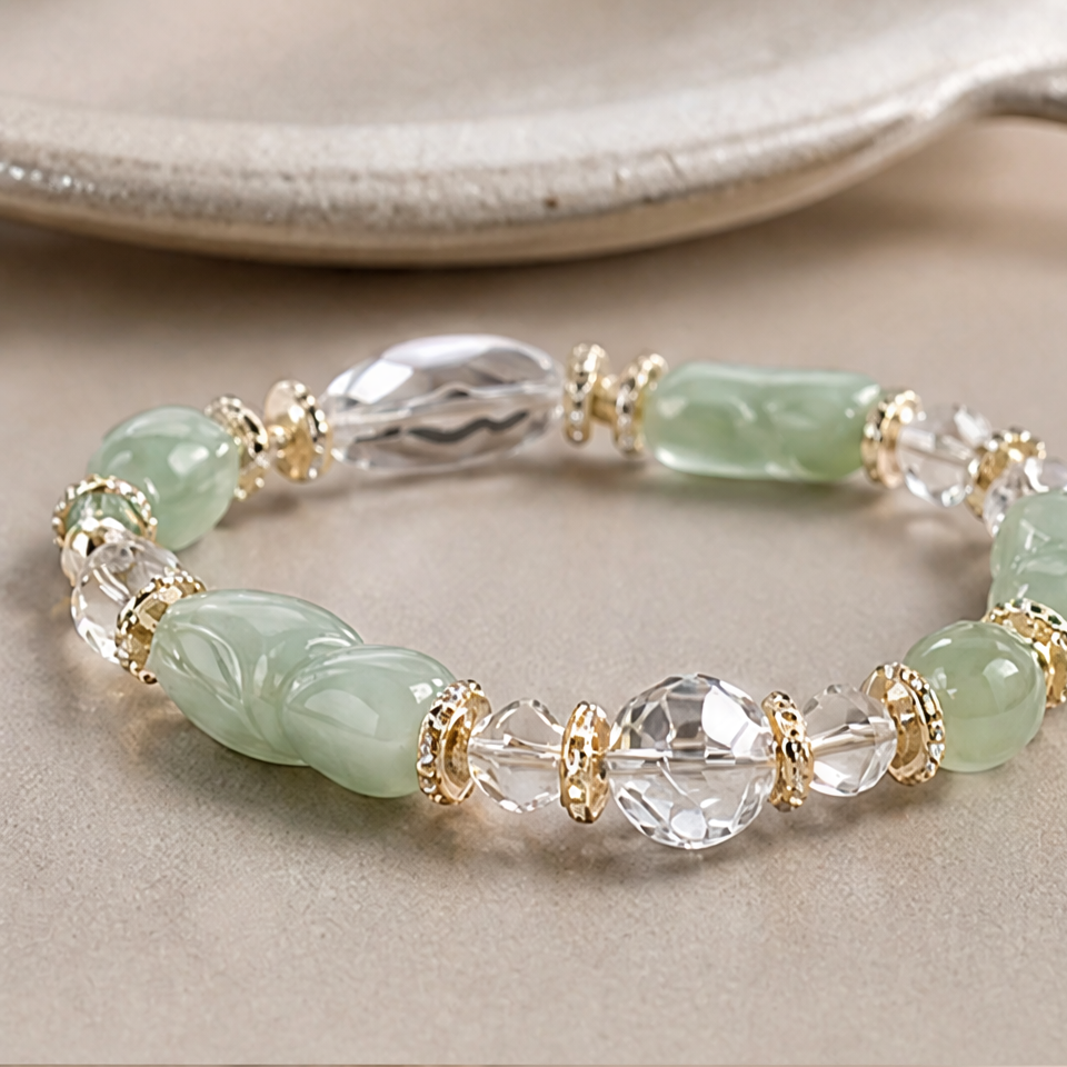 1786601569_24da389f-1 Carved Jade Barrel and Faceted Crystal Bracelet - 图片 1