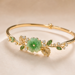 Carved Jade Blossom Bangle with Gold Leaves - 图片 8