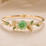 Carved Jade Blossom Bangle with Gold Leaves - 图片 7