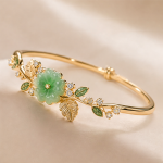 Carved Jade Blossom Bangle with Gold Leaves