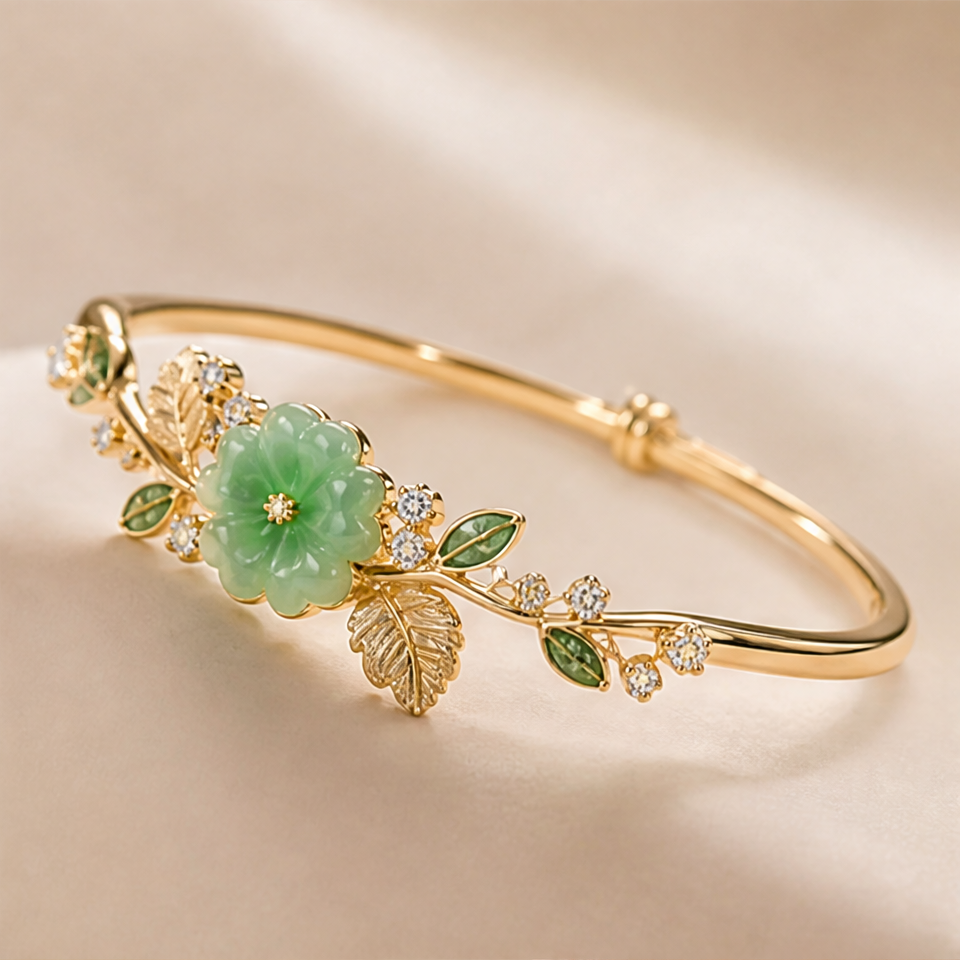 1786601703_1f69f00f-6 Carved Jade Blossom Bangle with Gold Leaves - 图片 1