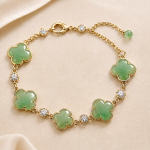 Green Chalcedony Clover Station Bracelet in Gold Tone