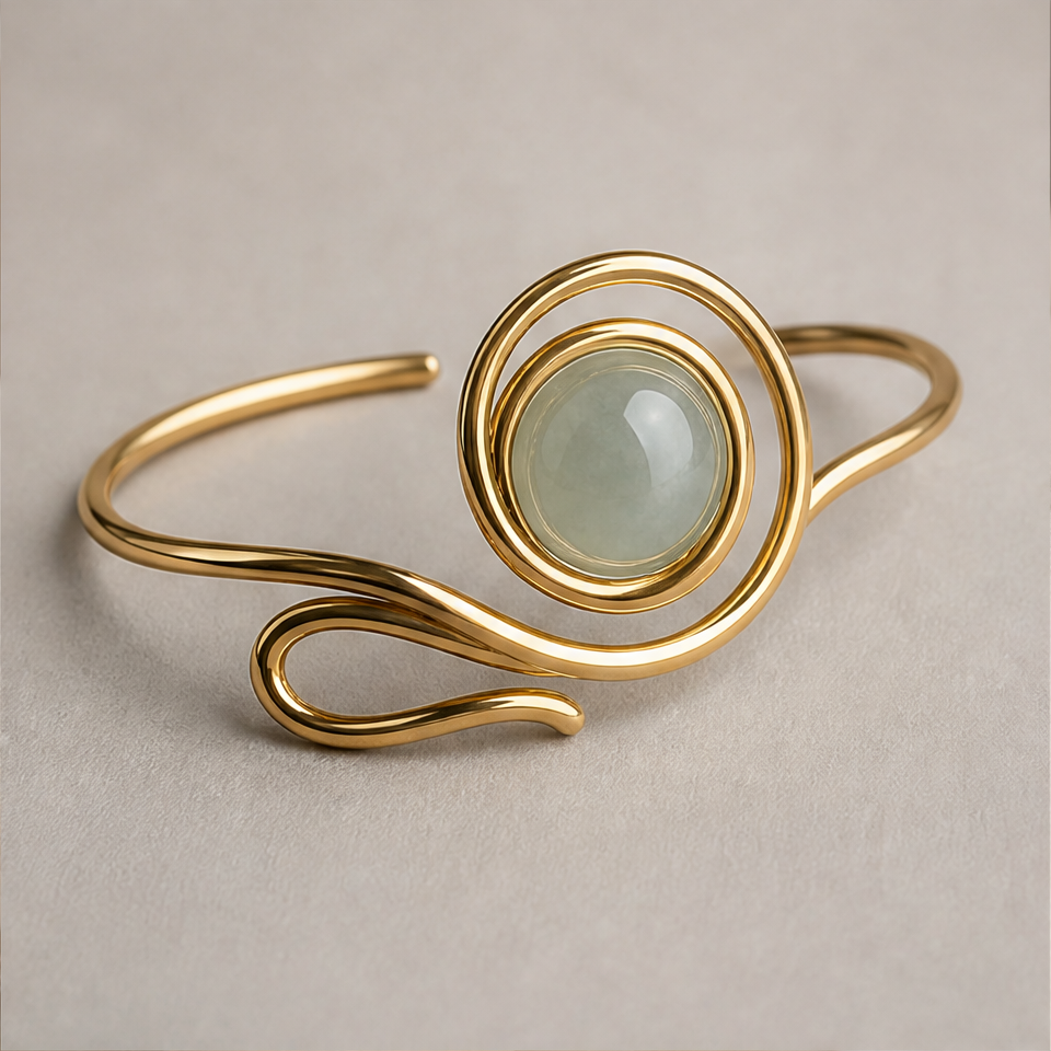 1786602195_c79bc354-5 Green Jade Cabochon Wire-Wrapped Cuff Bracelet - 图片 1