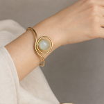 Green Jade Cabochon Wire-Wrapped Cuff Bracelet - 图片 4