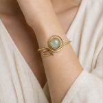 Green Jade Cabochon Wire-Wrapped Cuff Bracelet - 图片 2