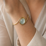 Oval Jade Cabochon Open Bangle in Gold Tone - 图片 2