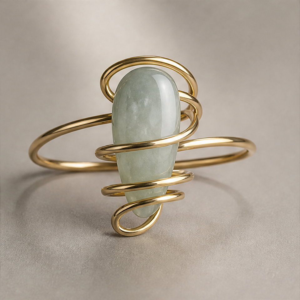 1786602446_2816e0d6-5 Barrel-Cut Jade Wire-Wrapped Cuff Bracelet - 图片 1