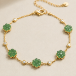 Carved Jade Blossom Station Bracelet in Gold Tone